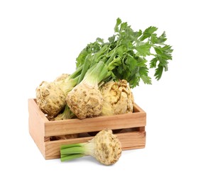 Photo of Wooden crate and fresh raw celery roots isolated on white