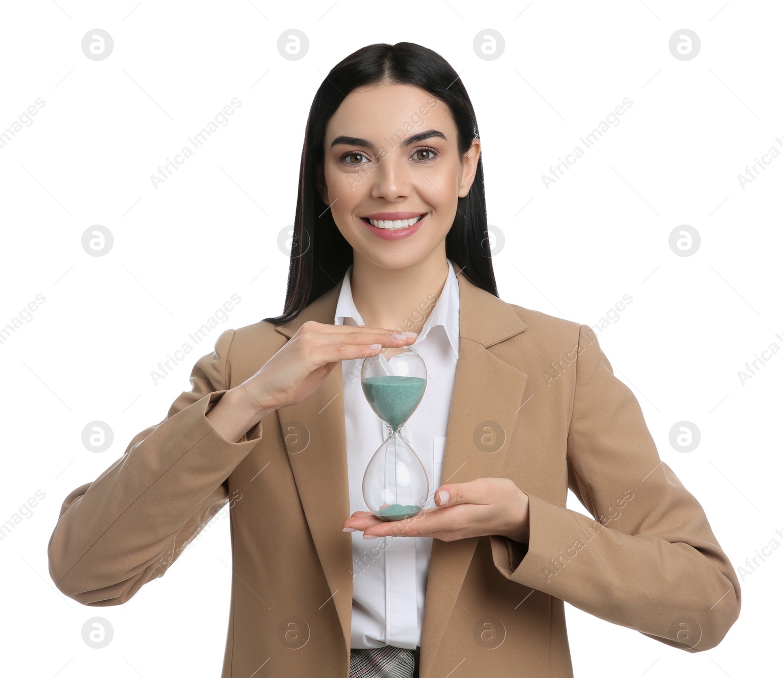 Photo of Businesswoman holding hourglass on white background. Time management