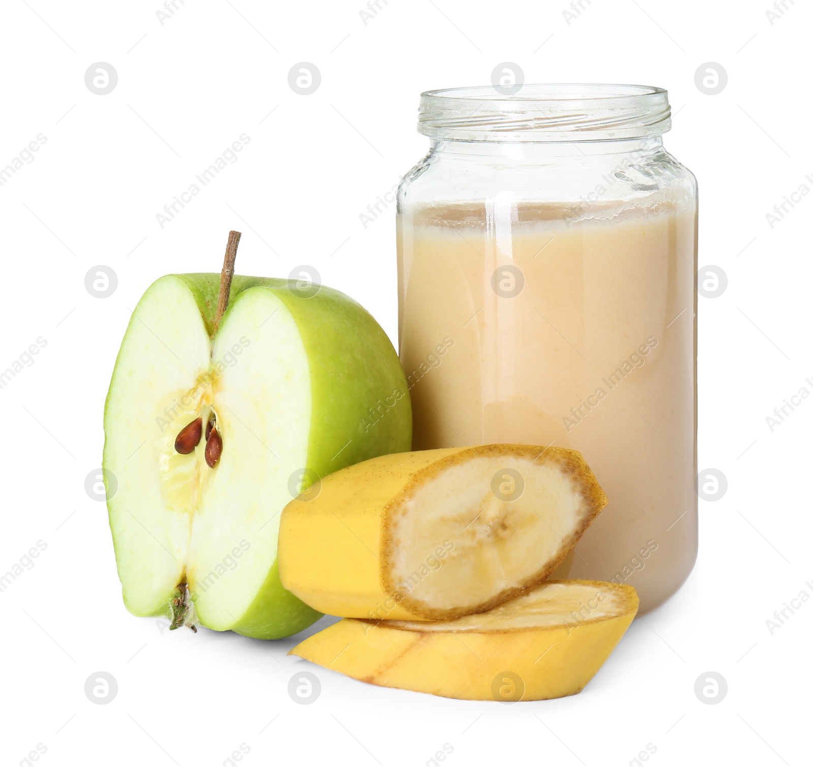 Photo of Tasty baby food in jar and fresh fruits isolated on white