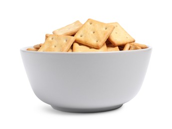 Photo of Tasty crackers in bowl isolated on white