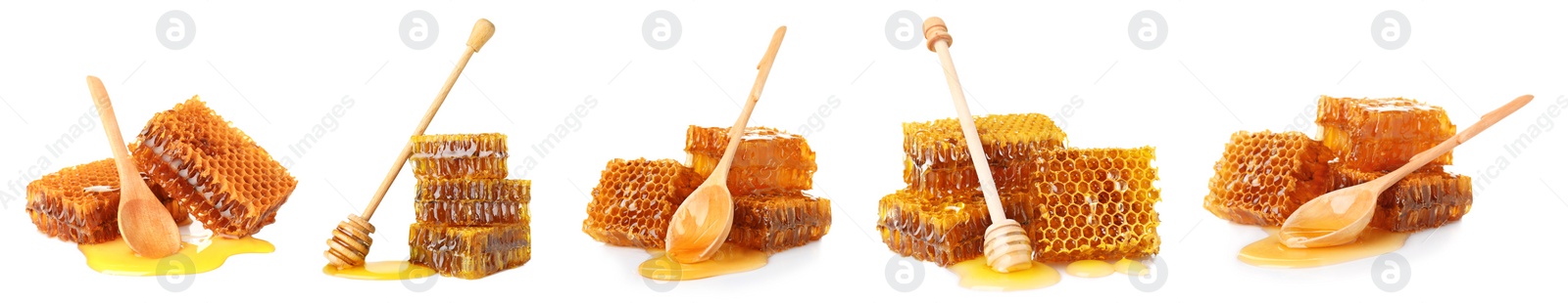 Image of Set with fresh delicious honeycombs on white background. Banner design