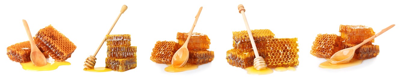 Set with fresh delicious honeycombs on white background. Banner design