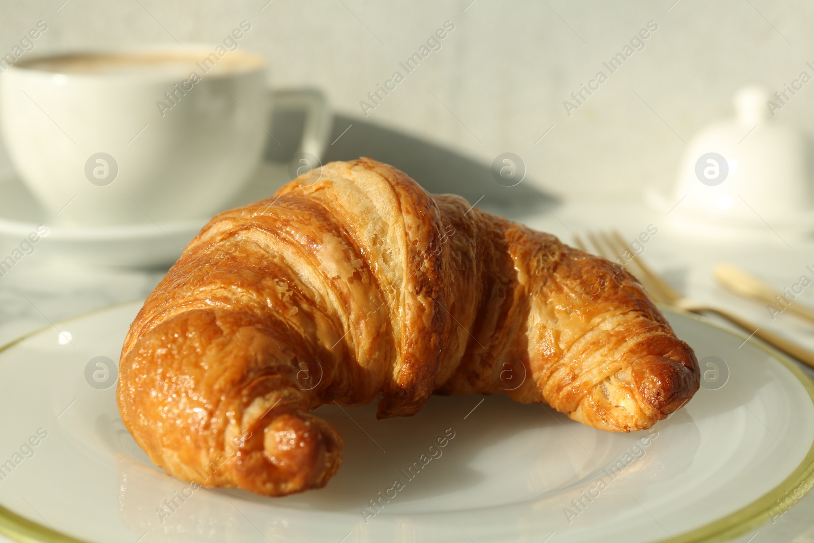 Photo of Plate with delicious fresh croissant on table, closeup