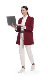 Photo of Happy woman with laptop on white background