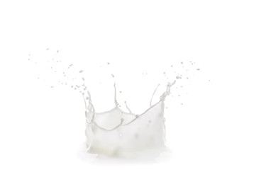 Photo of Splash of fresh milk on white background
