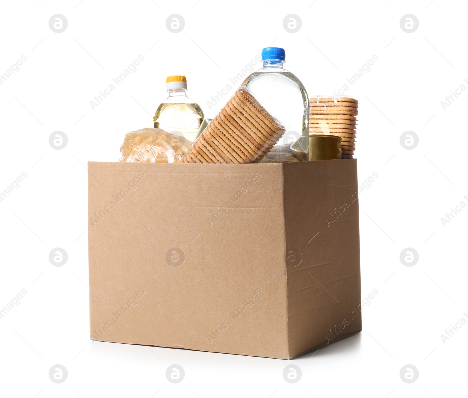 Photo of Donation box with products on white background