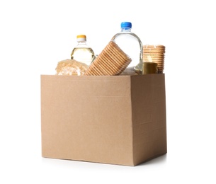 Photo of Donation box with products on white background