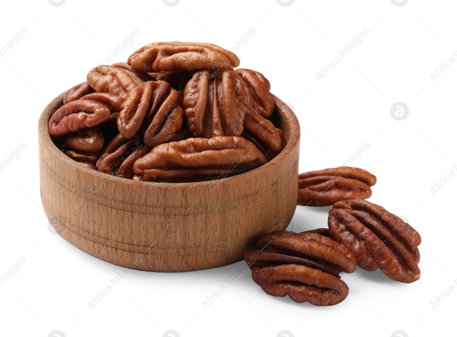 Photo of Tasty pecan nuts in bowl isolated on white