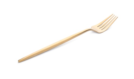 Photo of Elegant shiny golden fork isolated on white