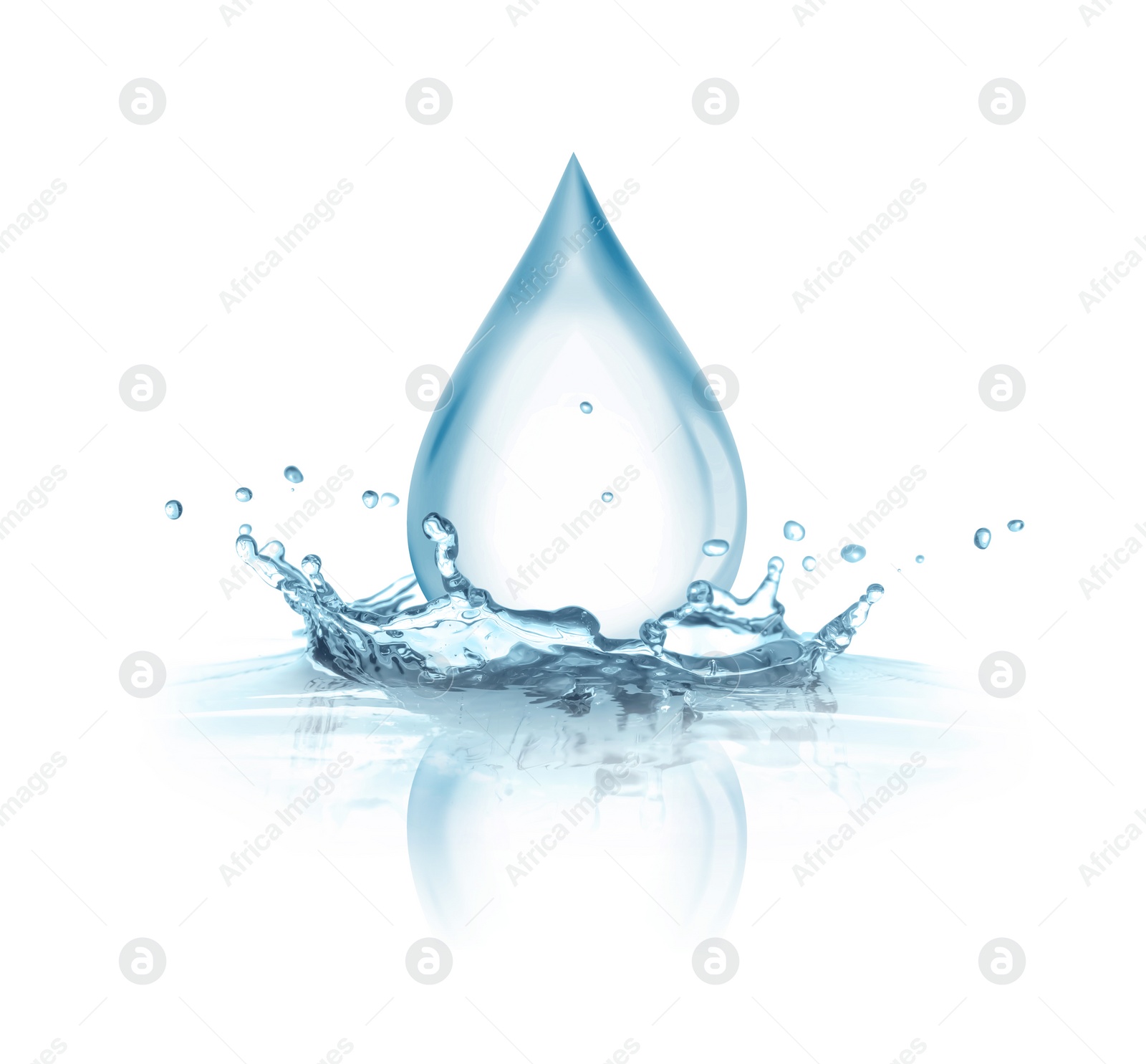 Image of Water drop falling into water on white background