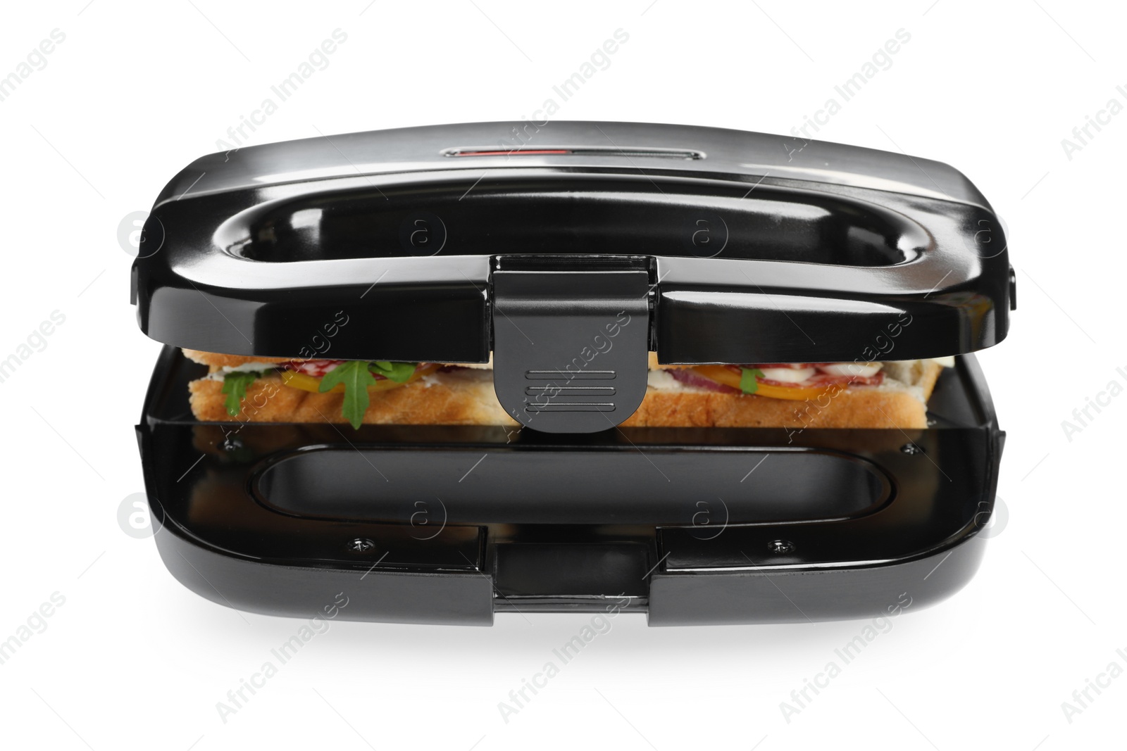 Photo of Modern grill maker with sandwiches on white background