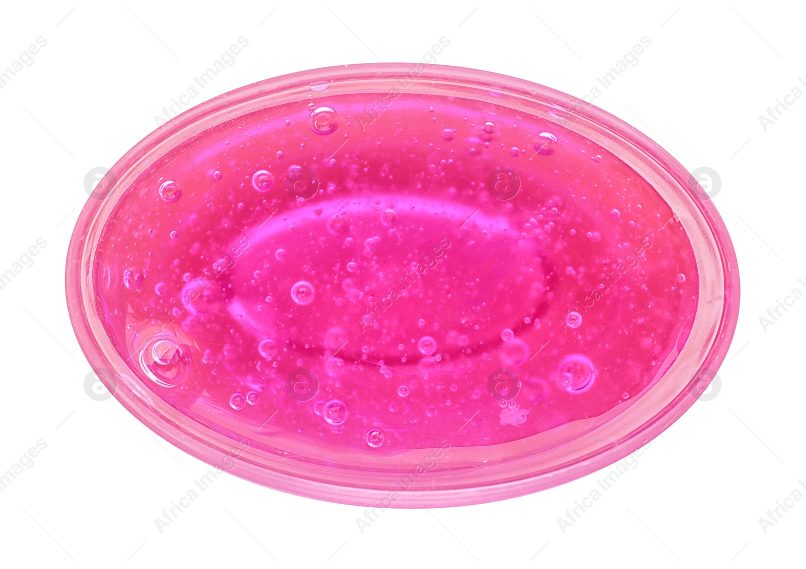 Photo of Magenta slime in plastic container isolated on white, top view. Antistress toy