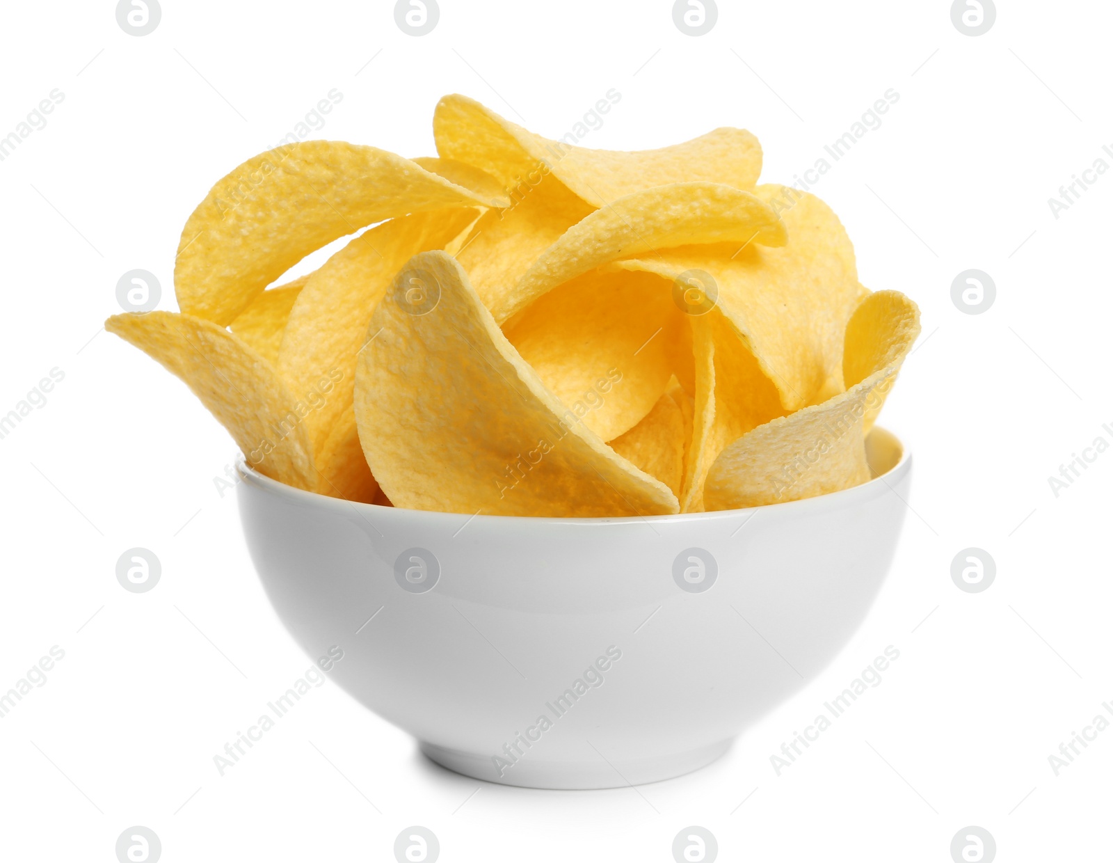 Photo of Bowl of tasty crispy potato chips on white background