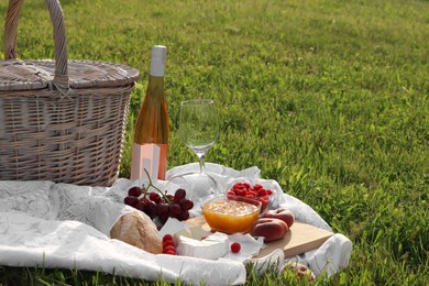 Photo of Picnic blanket with tasty food, basket and cider on green grass outdoors. Space for text