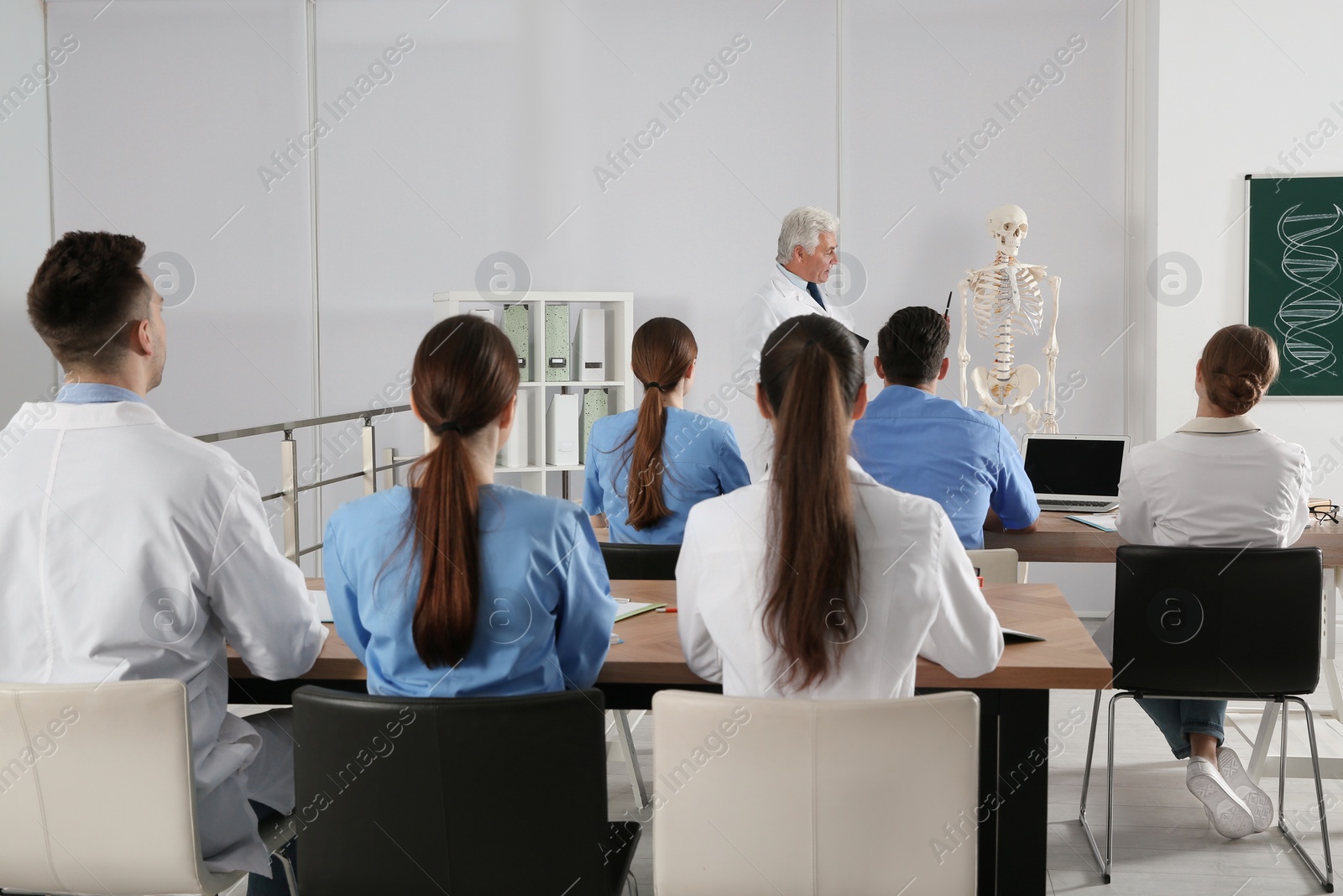 Photo of Medical students and professor studying human skeleton anatomy in classroom