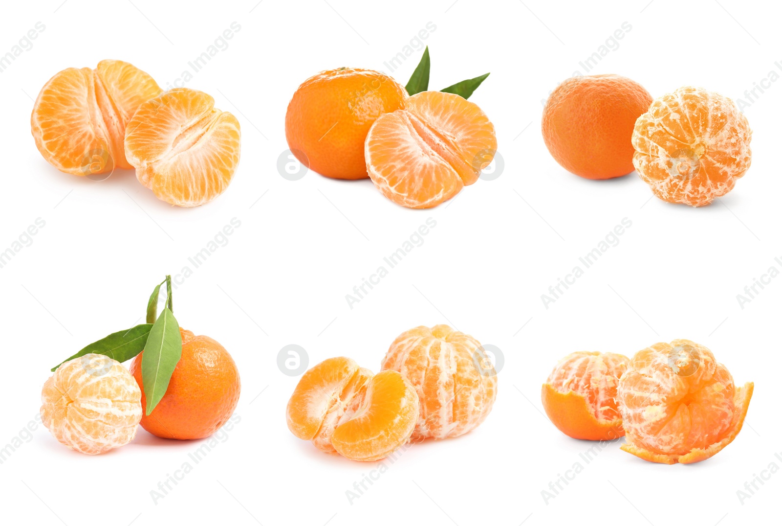 Image of Set of fresh ripe tangerines on white background