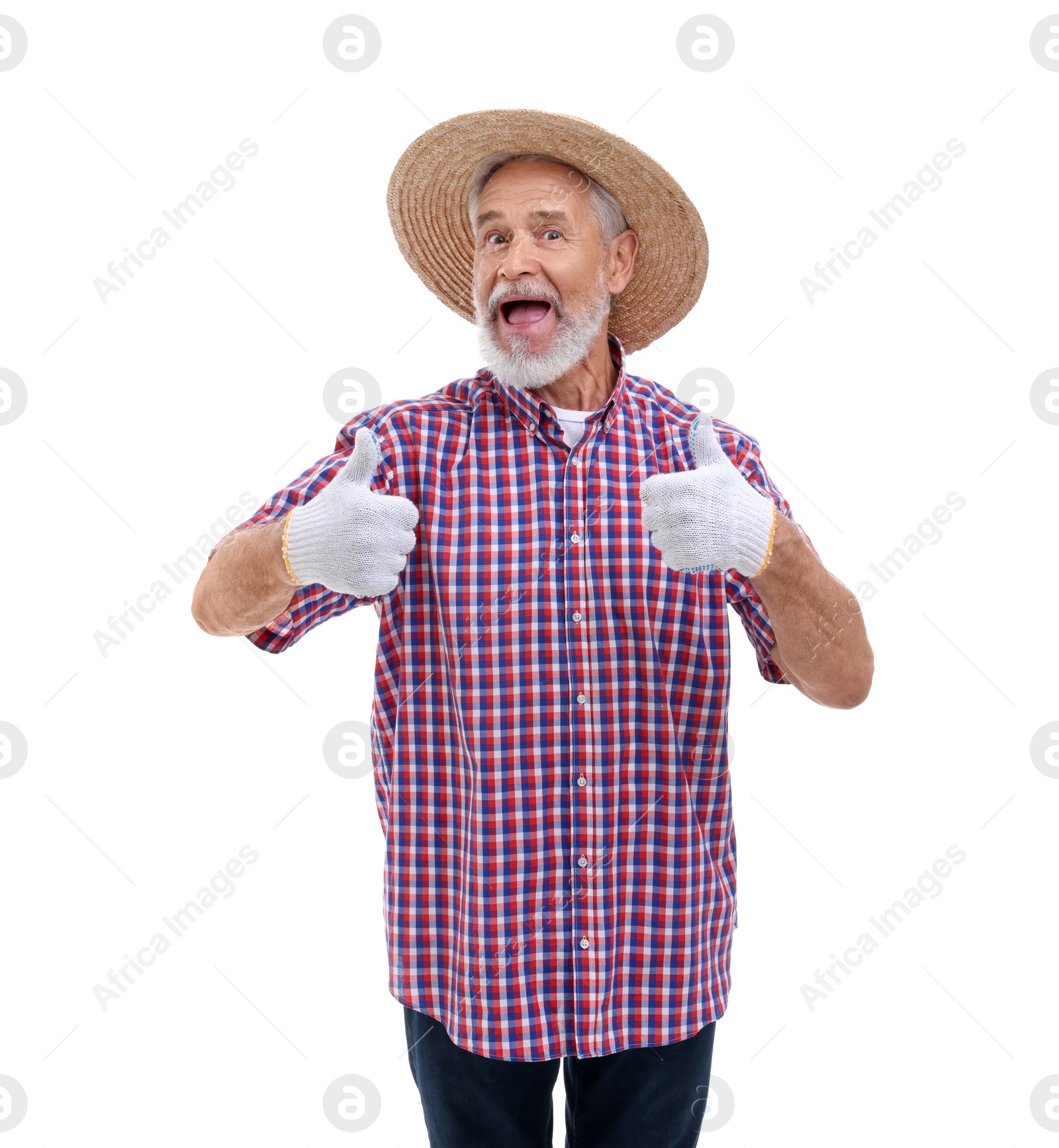 Photo of Harvesting season. Happy farmer showing thumbs up on white background