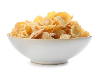 Photo of Bowl with corn flakes on white background. Healthy grains and cereals