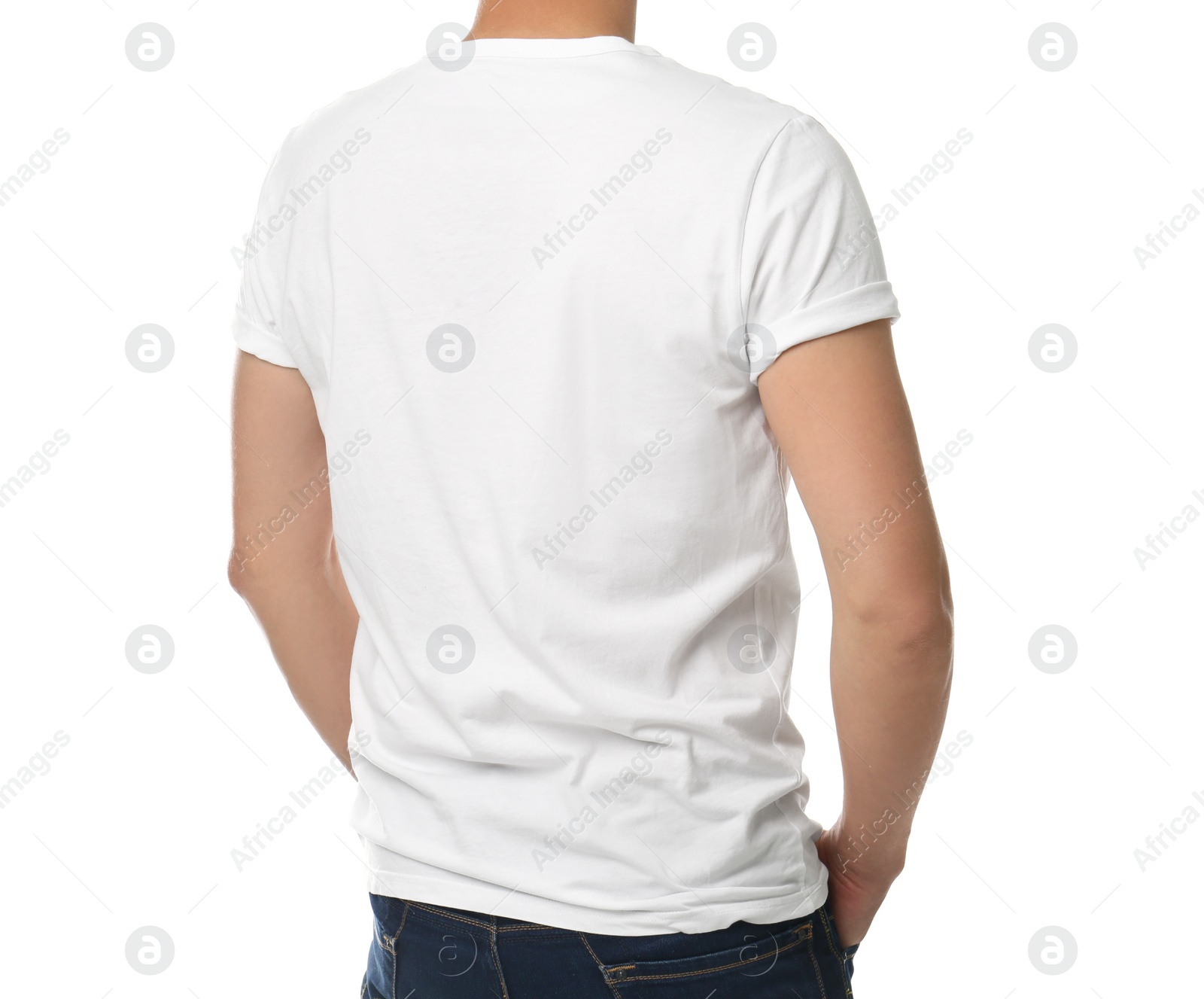 Photo of Man in t-shirt on white background, closeup. Space for design