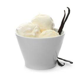 Photo of Bowl with tasty vanilla ice cream and pods on white background