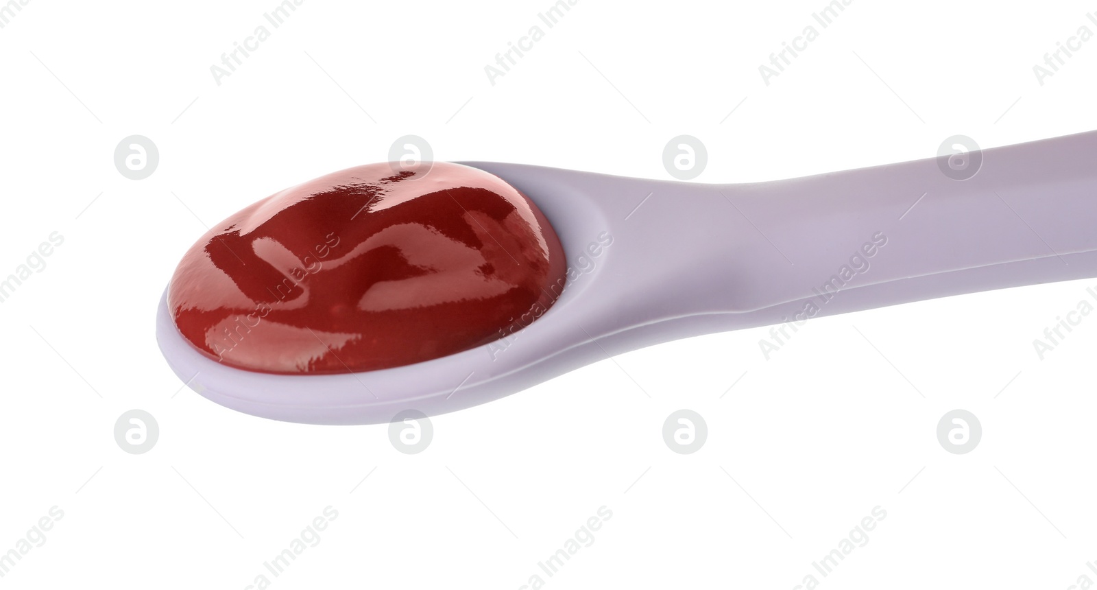 Photo of Healthy baby food in spoon isolated on white