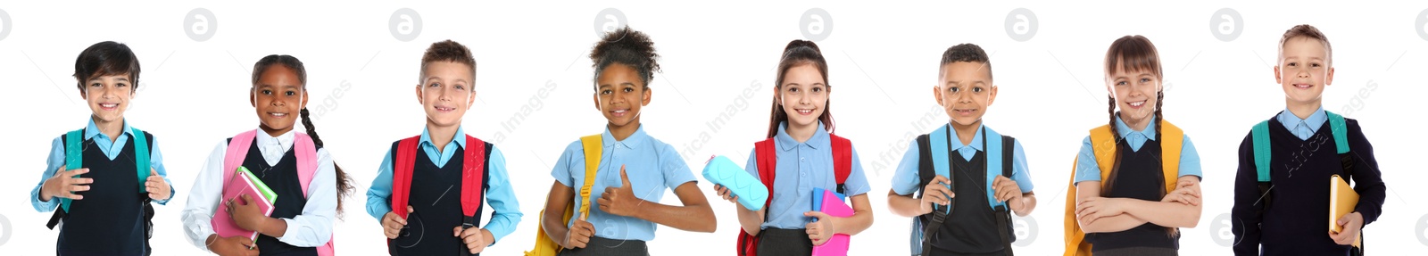 Image of Children in school uniforms on white background. Banner design