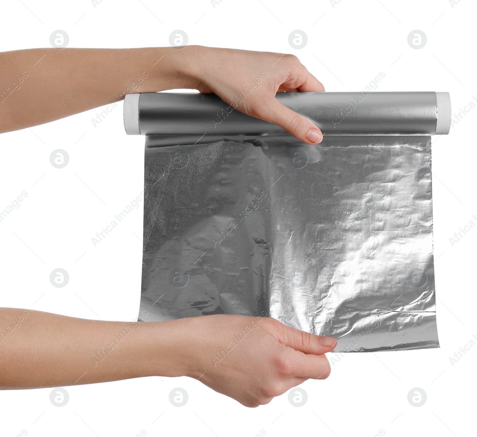 Photo of Woman holding roll of aluminum foil on white background, closeup