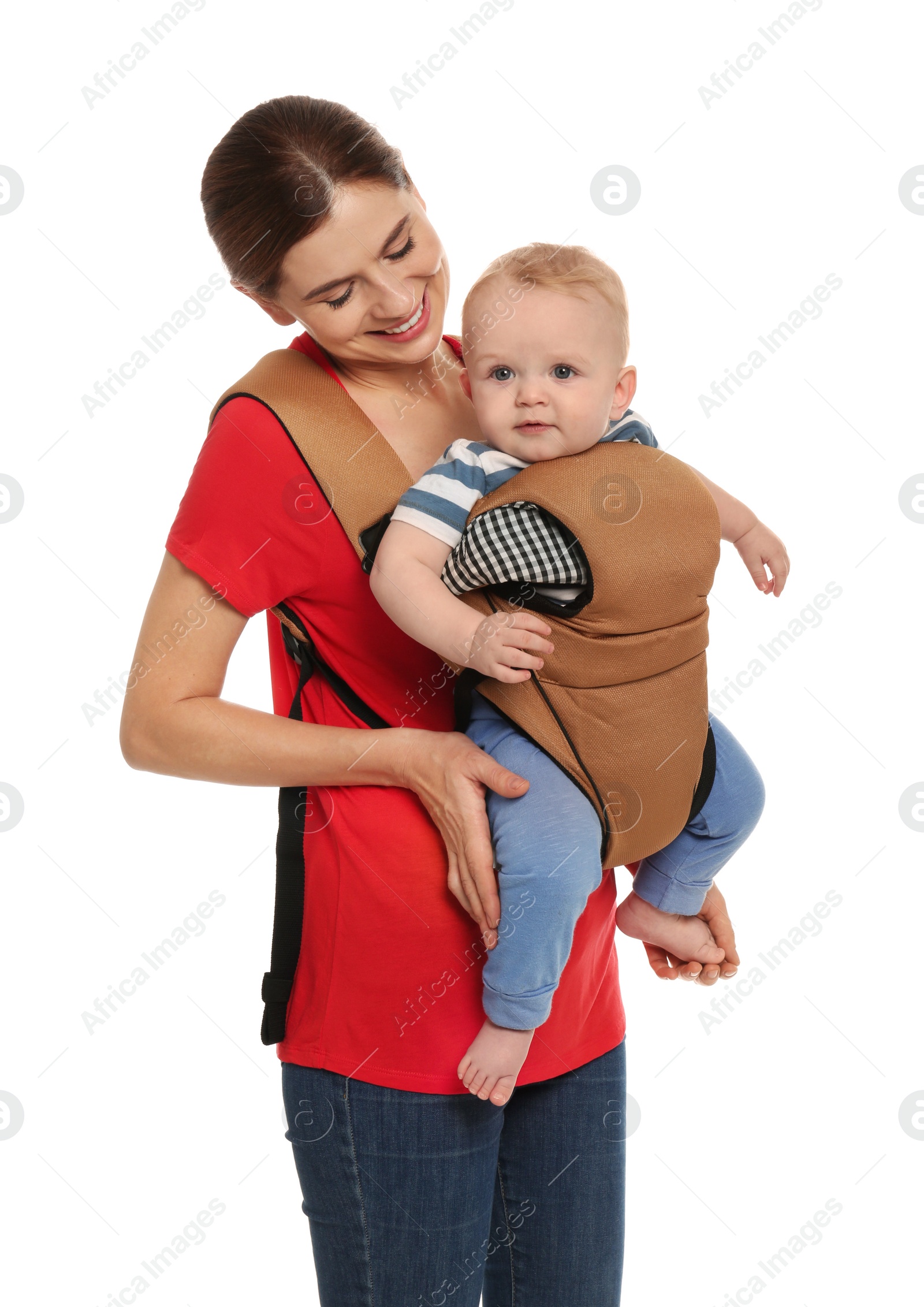 Photo of Woman with her son in baby carrier on white background