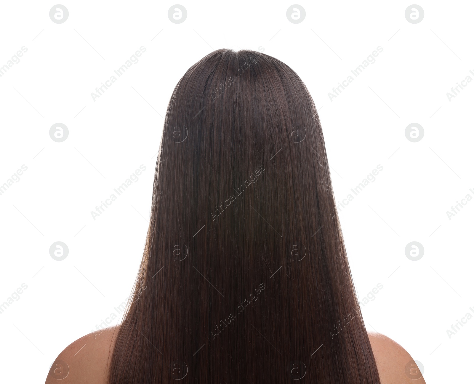 Photo of Woman with smooth healthy hair after treatment on white background, back view