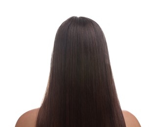 Photo of Woman with smooth healthy hair after treatment on white background, back view