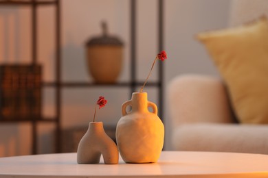 Vases with dried flowers on table in living room. Home-like cozy atmosphere at sunset