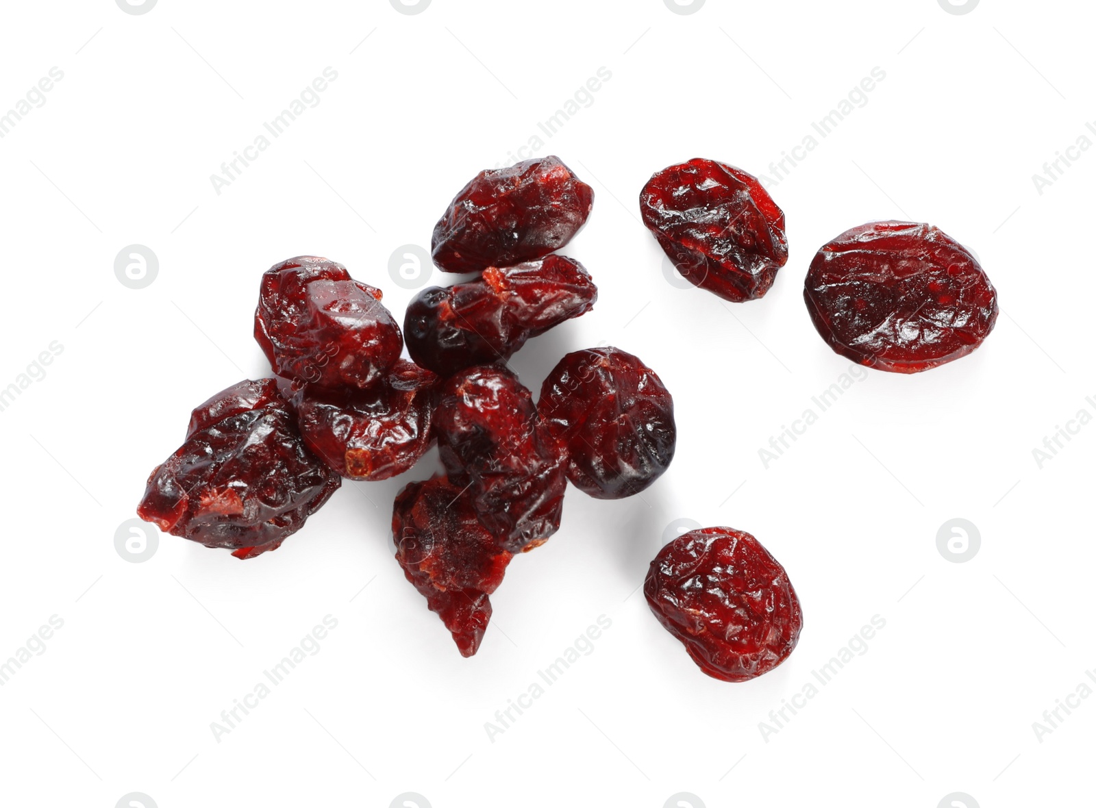 Photo of Many red dried cranberries on white background, top view