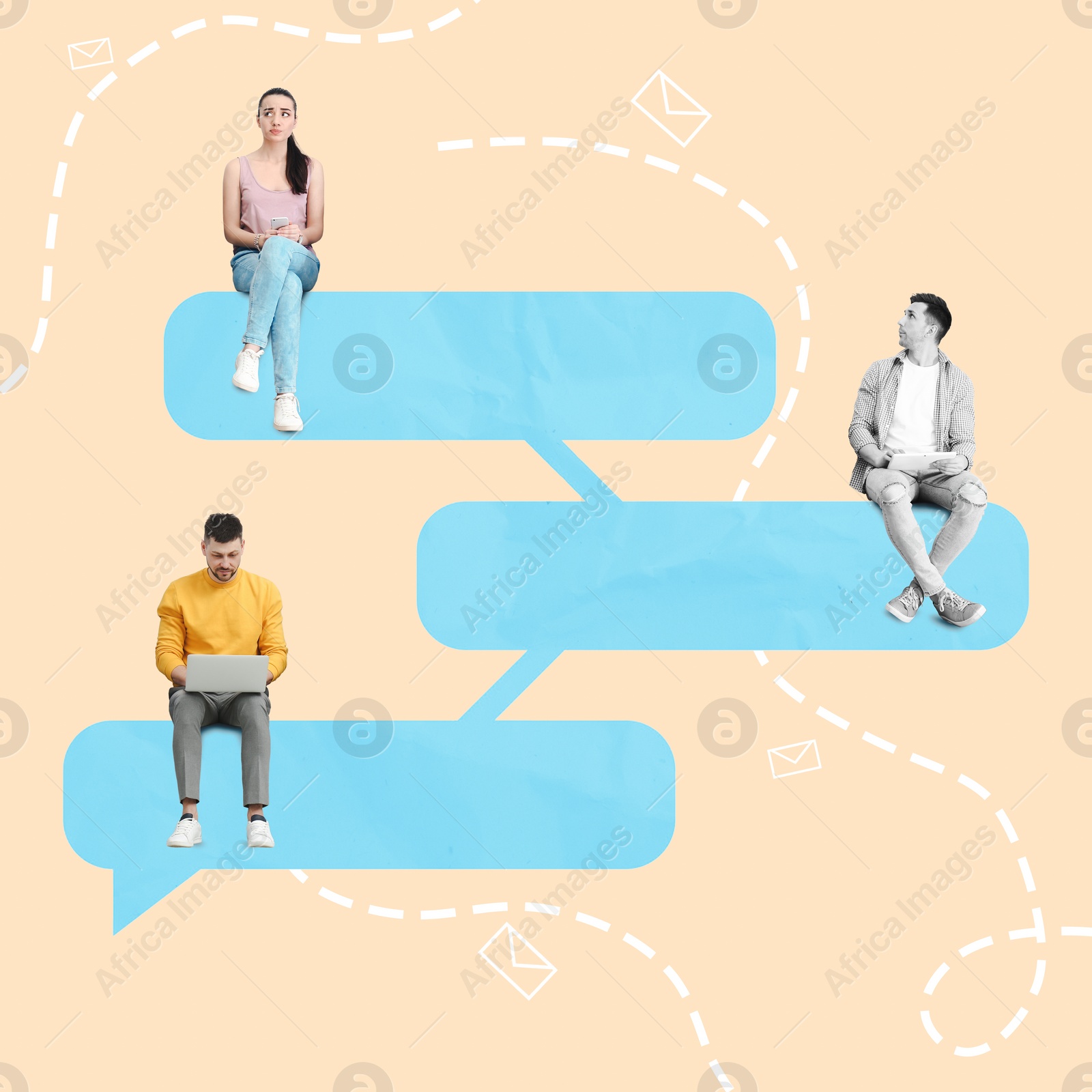 Image of Dialogue. Woman and men sitting on connected speech bubble against color background