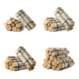 Image of Set of cut firewood bunches on white background