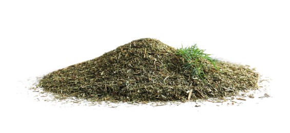 Photo of Pile of aromatic dry and fresh dill on white background