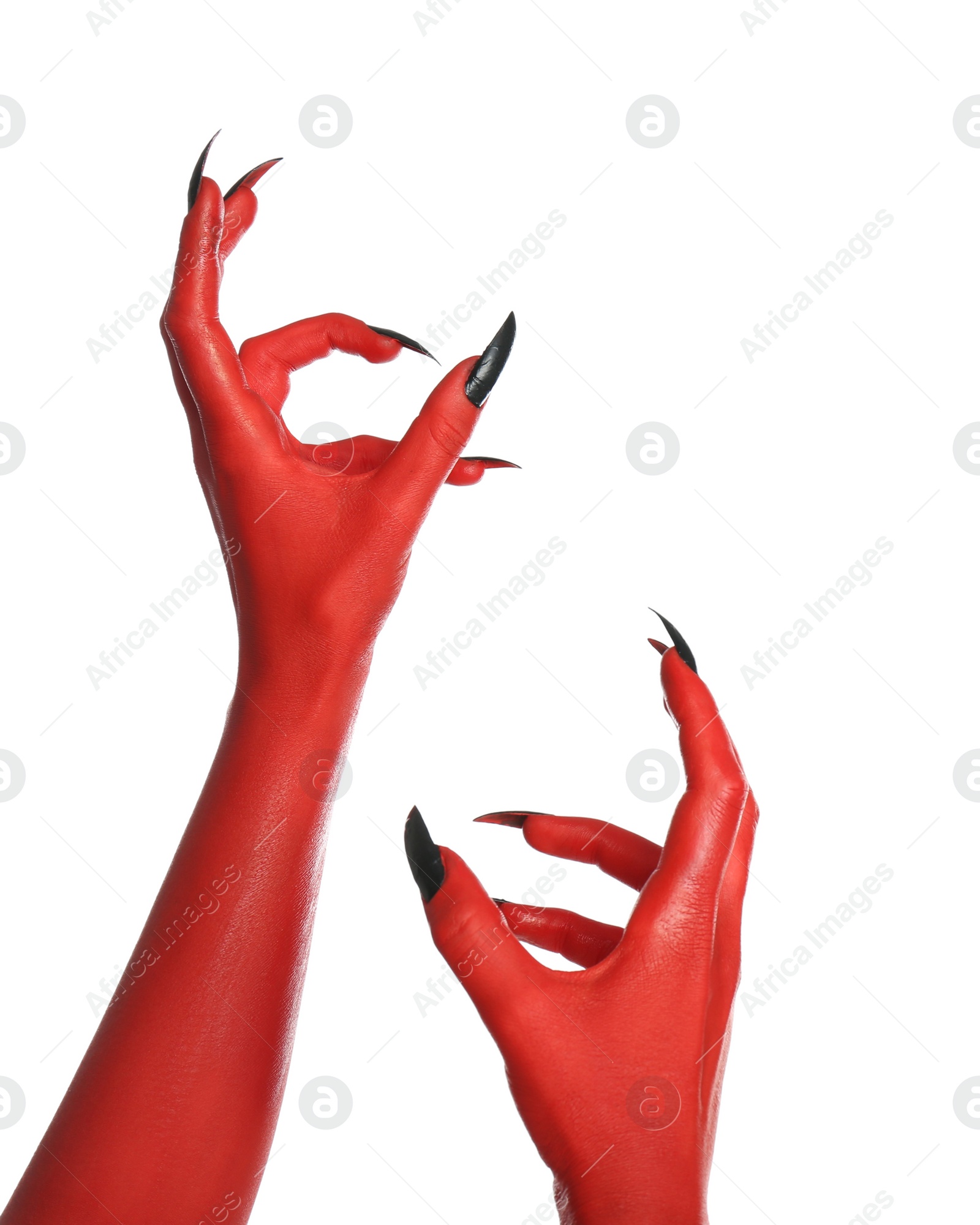 Photo of Scary monster on white background, closeup of hands. Halloween character