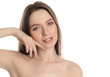 Portrait of young woman with beautiful face on white background