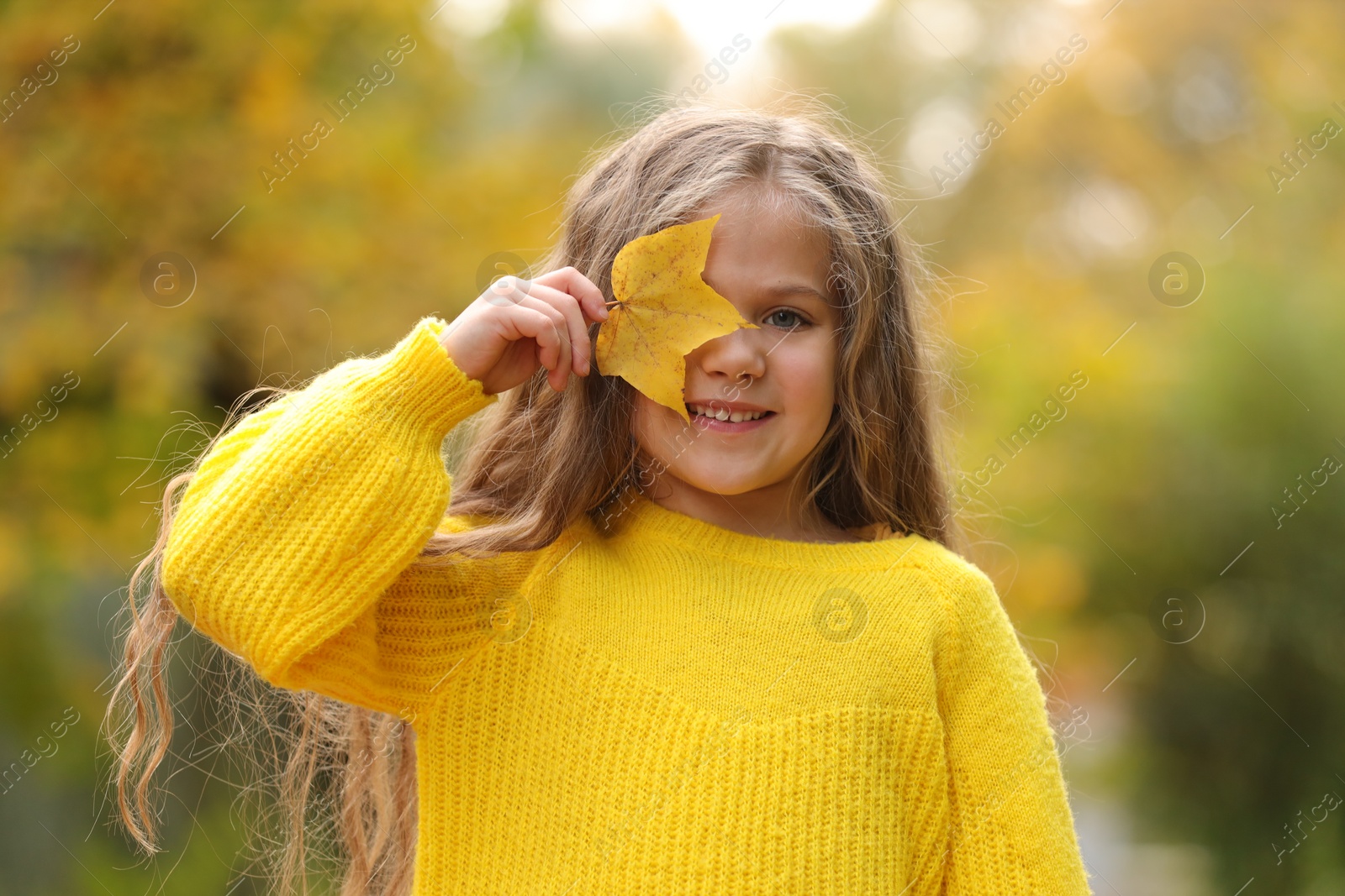 Photo of Portrait of happy girl covering face with autumn dry leaf outdoors