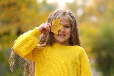 Photo of Portrait of happy girl covering face with autumn dry leaf outdoors