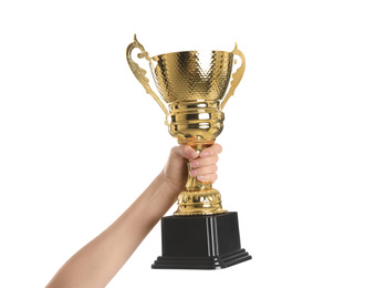 Photo of Woman holding gold trophy cup on white background, closeup