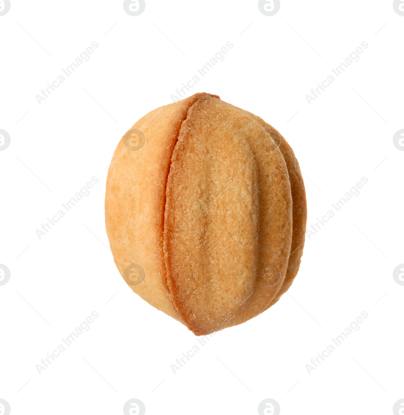 Photo of Delicious nut shaped cookie with condensed milk isolated on white