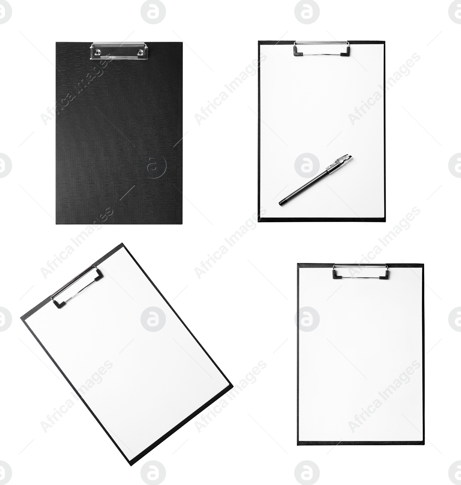 Image of Black clipboards on white background, top view