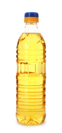 Photo of Cooking oil in plastic bottle isolated on white
