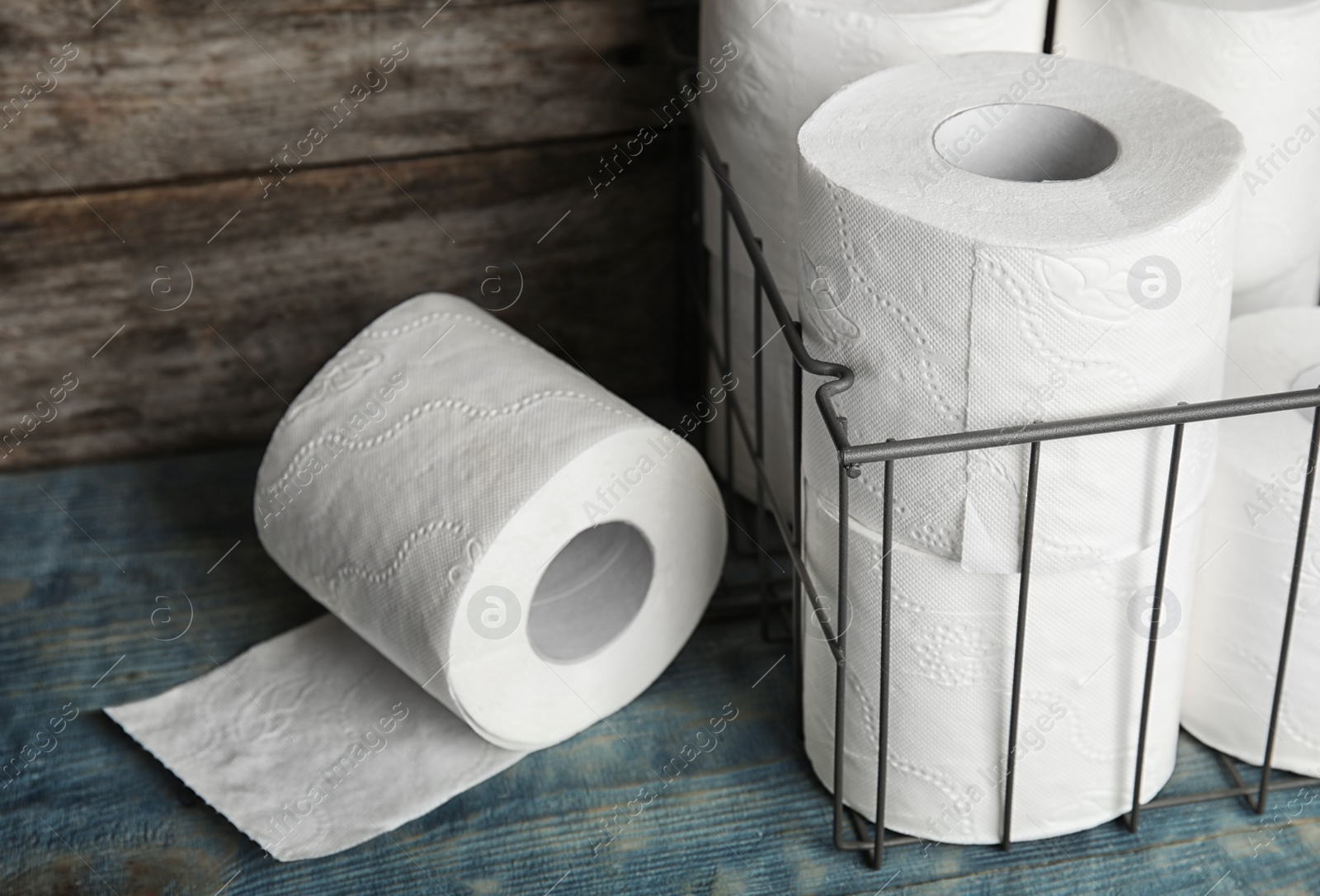 Photo of Toilet paper rolls on table. Personal hygiene
