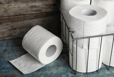 Toilet paper rolls on table. Personal hygiene