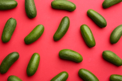 Photo of Whole seedless avocados on red background, flat lay