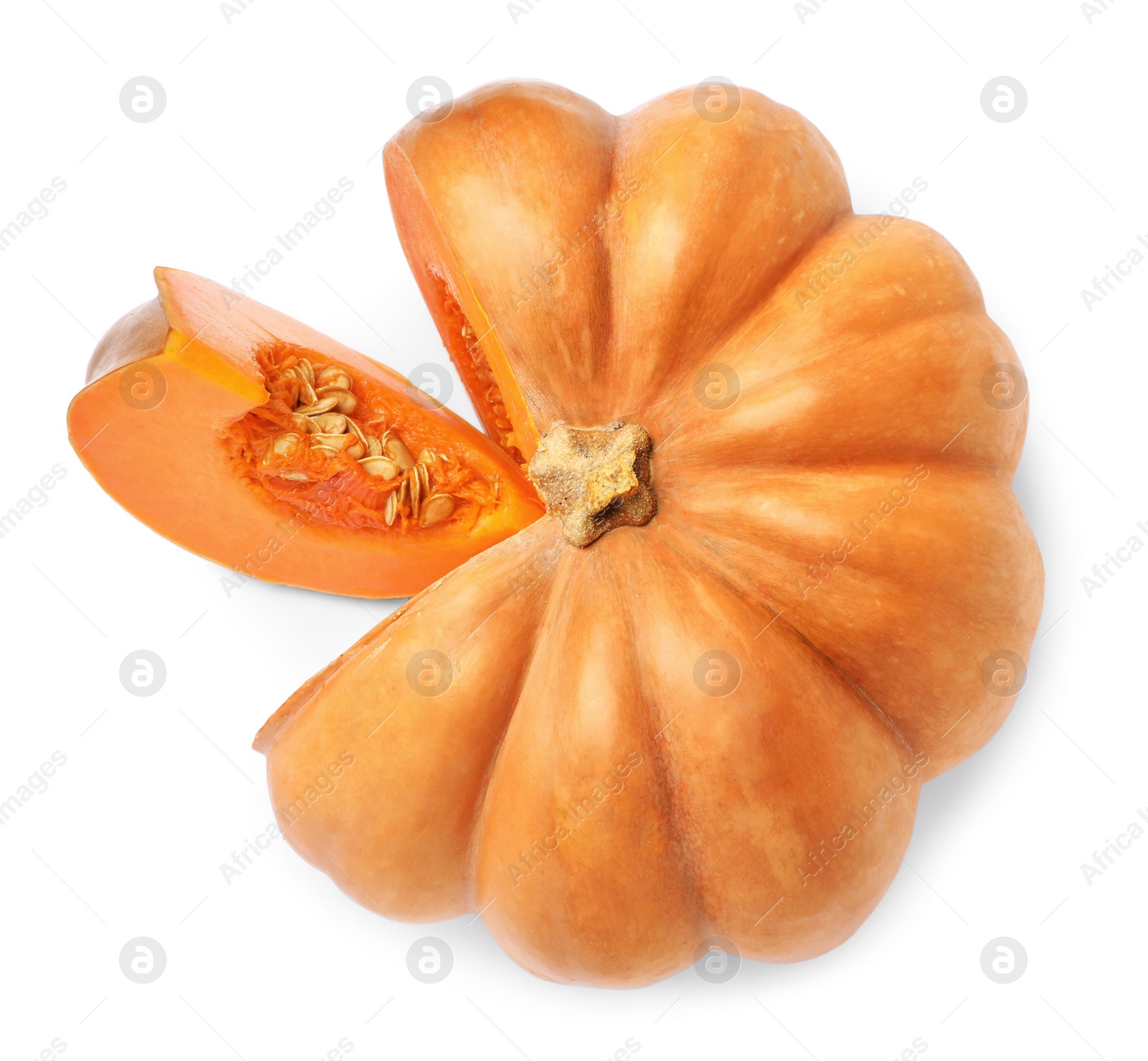 Photo of Sliced fresh ripe pumpkin on white background, top view