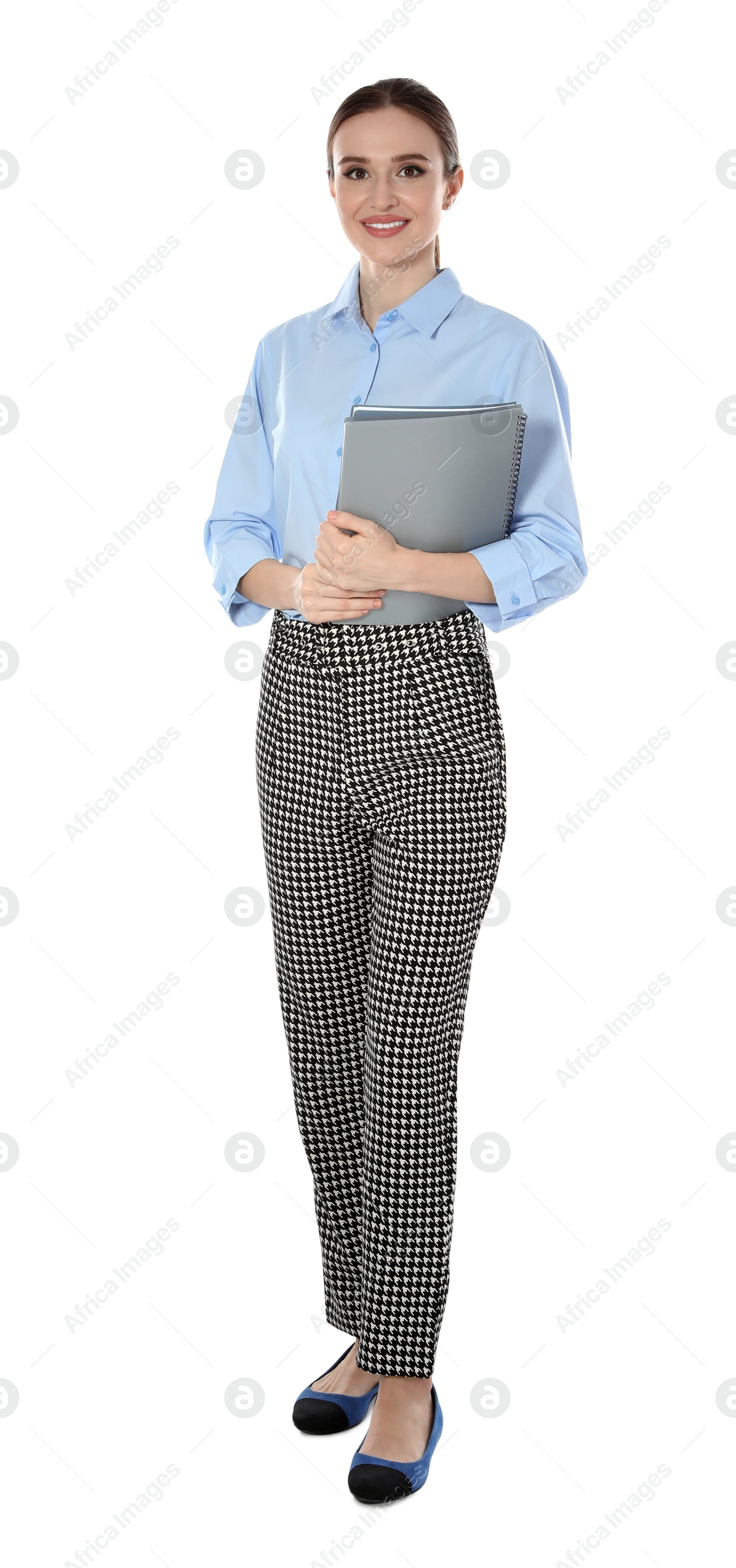 Photo of Full length portrait of young female teacher on white background