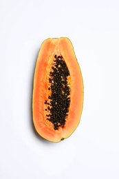 Fresh juicy halved papaya on white background, top view