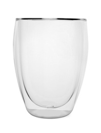 Photo of New empty clear glass on white background